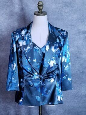 Alex Evenings 2pc Twinset Blue Floral Satin Jacket & Tank Size PXL Blue Floral